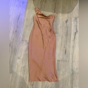 BHLDN One-Shoulder Tan Dress with Slit and Cowl Neck